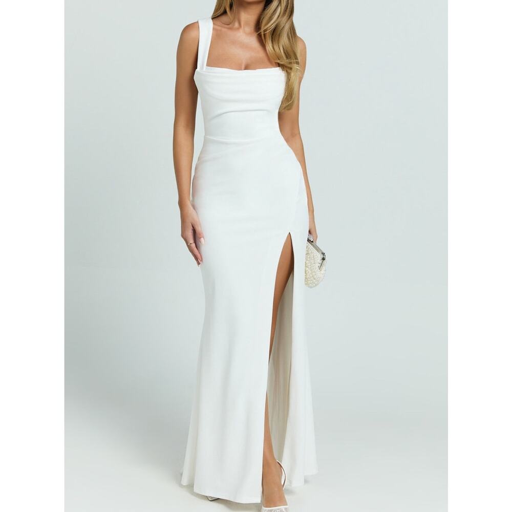 NWT REVOLVE Australia SHOWPO Tabitha cowlneck high split ivory maxi dress US 8 - Picture 2 of 12